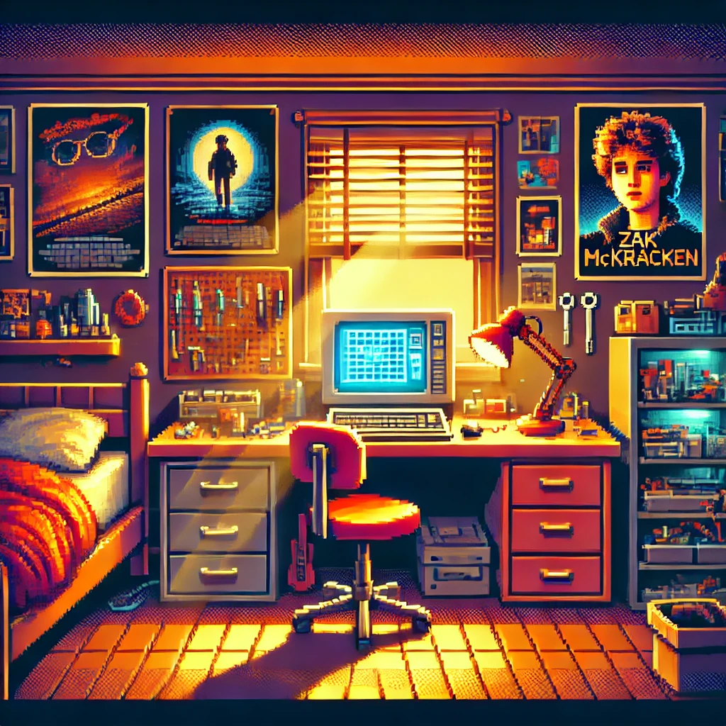 DALL·E 2025-01-10 16.56.13 - Pixel art of a teenager's bedroom in the style of classic point-and-click adventure games like Zak McKracken. The room features a workbench cluttered