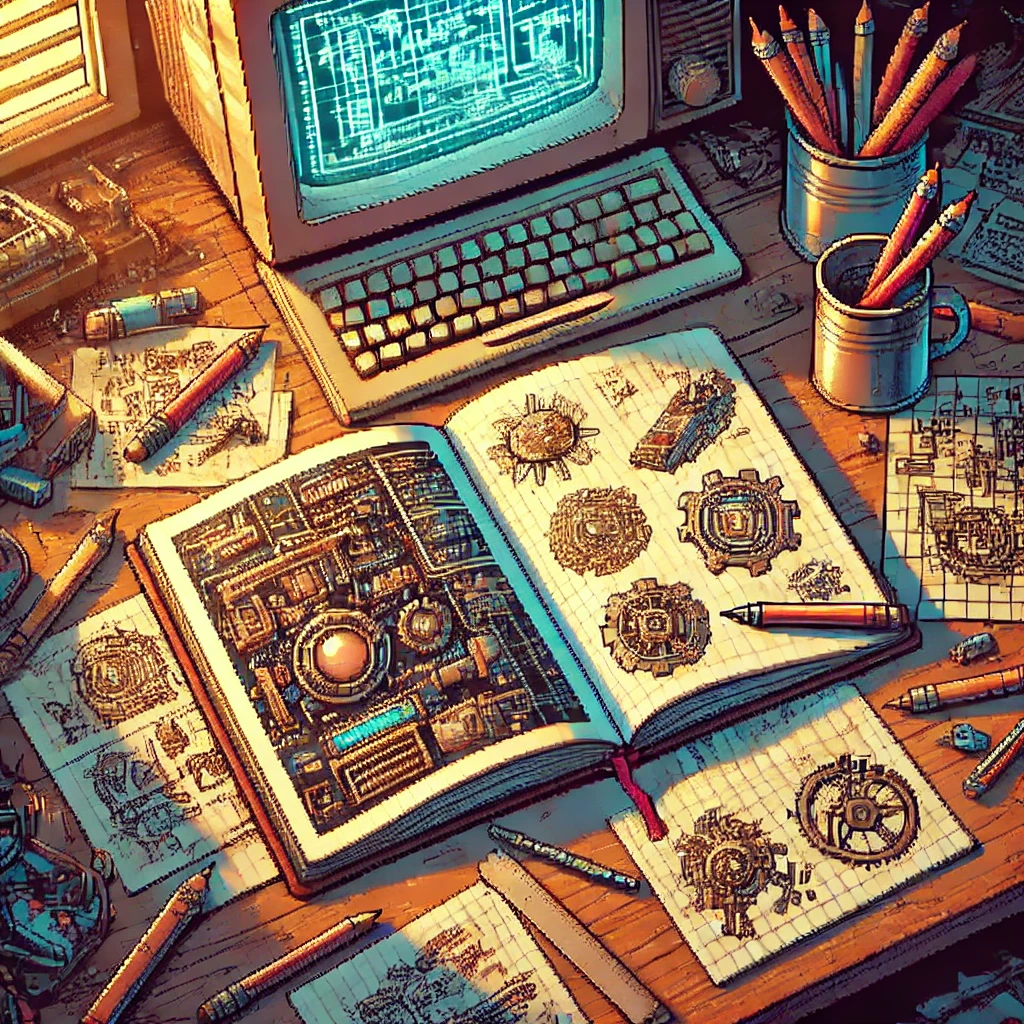 DALL·E 2025-01-10 17.09.24 - Pixel art of an open notebook lying on a cluttered desk in a teenager's bedroom in 1985. The notebook is filled with detailed, hand-drawn sketches of